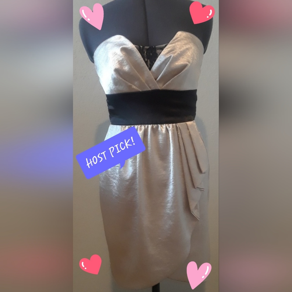 💕HP💕Champagne Satin Black‎ Bow Dress
